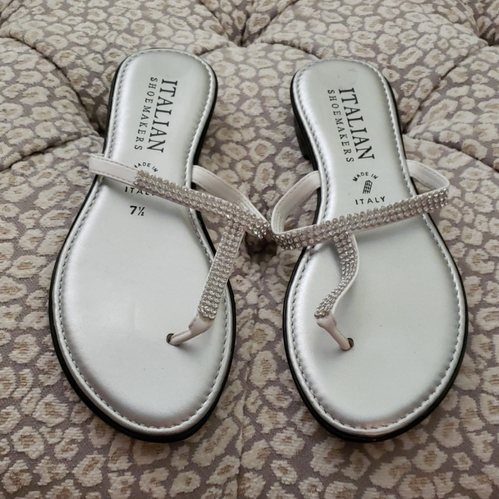 Italian silver metallic/crystal flip flops